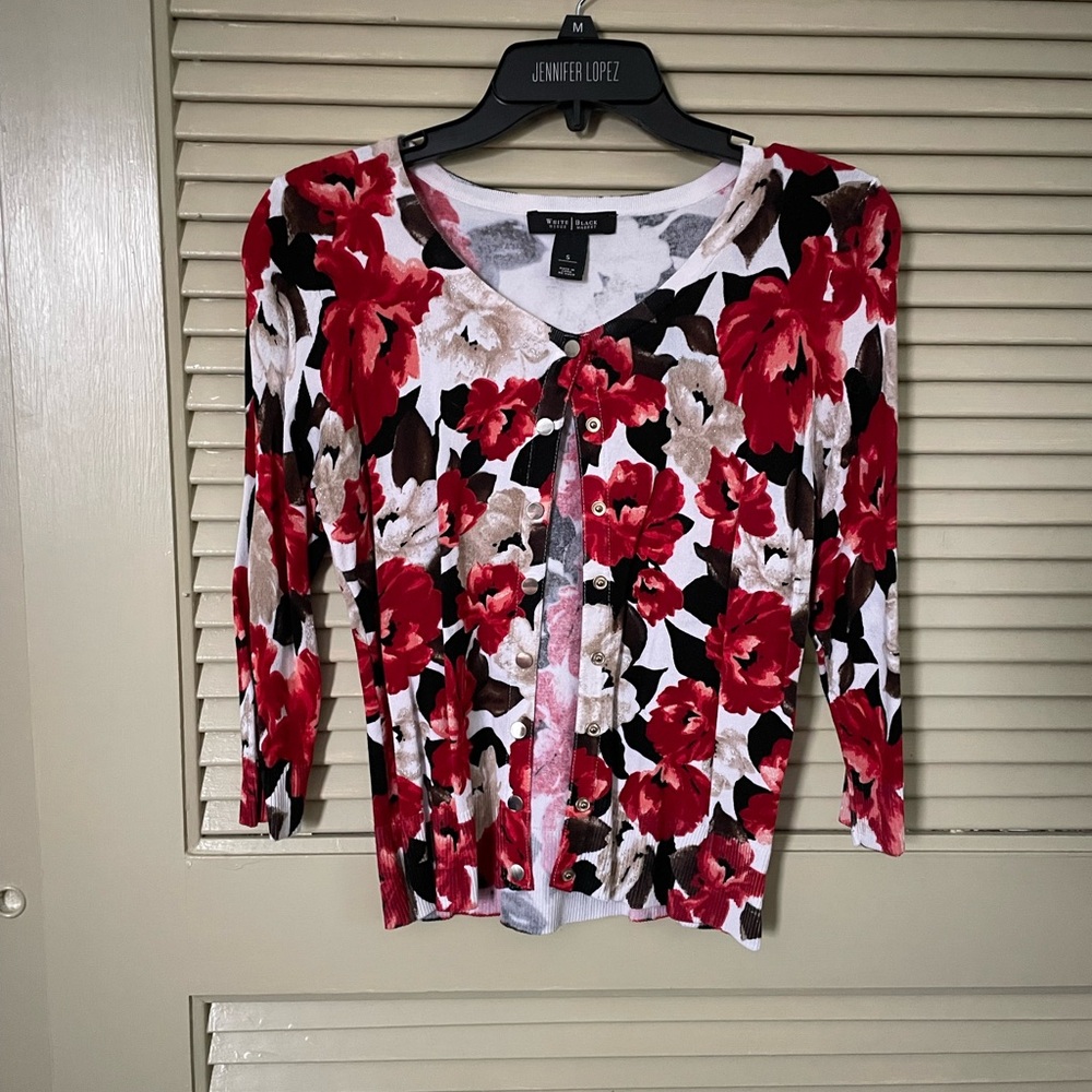 White House Black Market Floral Button Down Shirt - Red, Black, and White